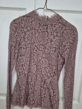 H&M Dusty Mauve Lace Long-Sleeve Peplum Top